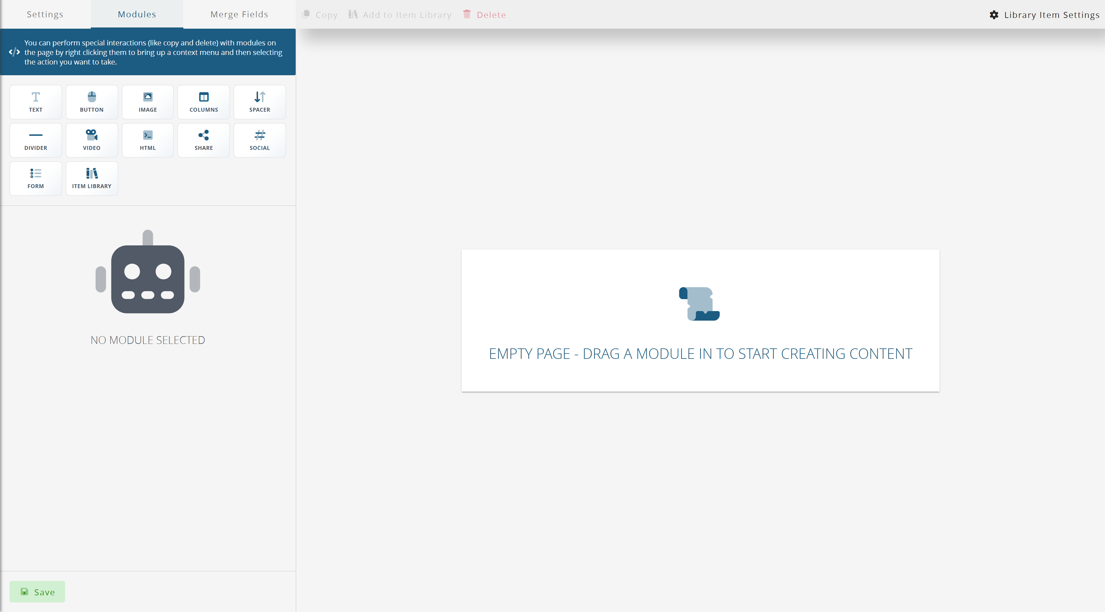 The Modules tab of the landing page editor