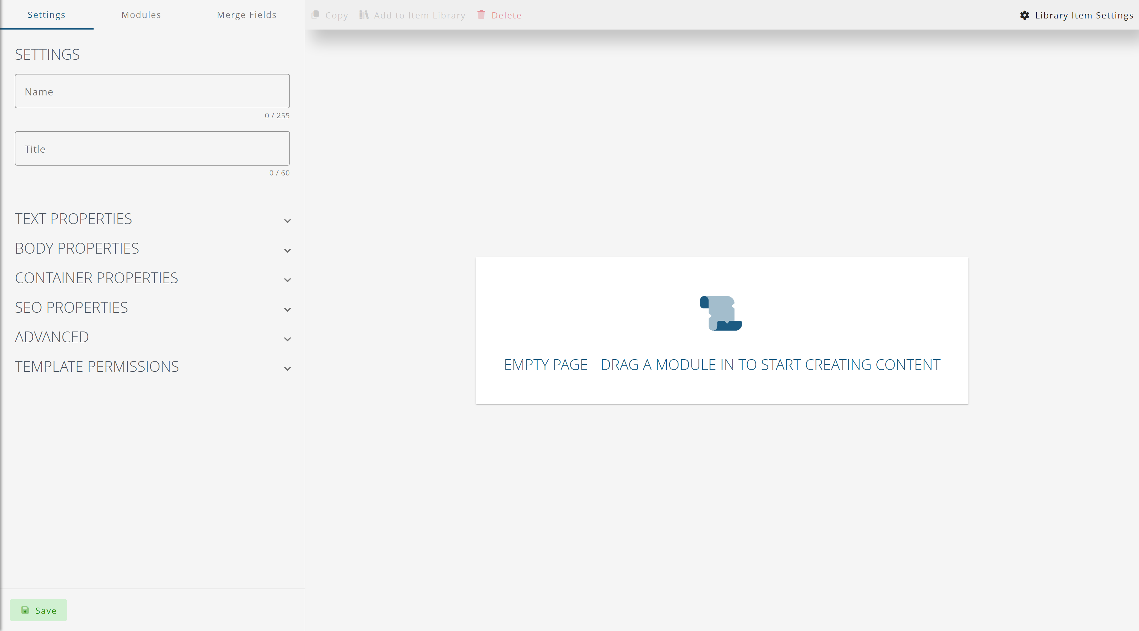 The landing page editor on a new page: settings on the left, the empty page on the right