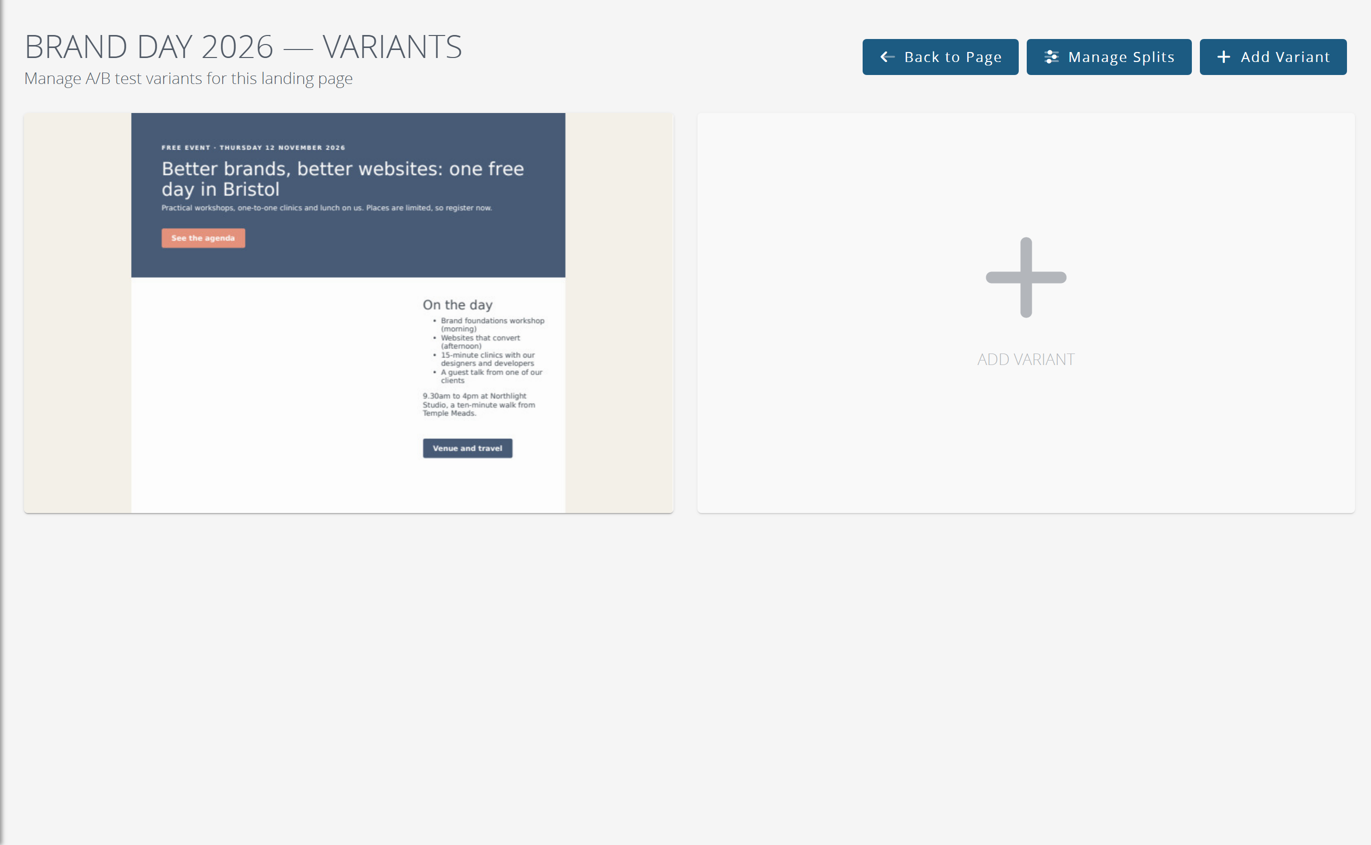 The variants of a landing page, with Manage Splits and Add Variant