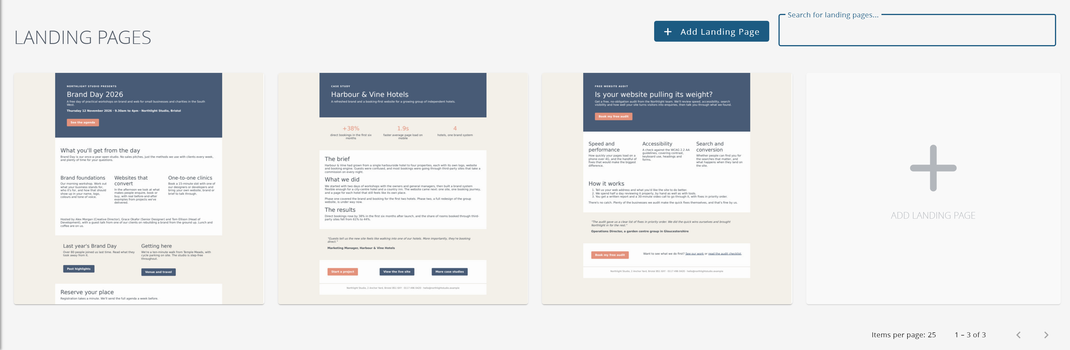 The landing page list, with a preview of each page