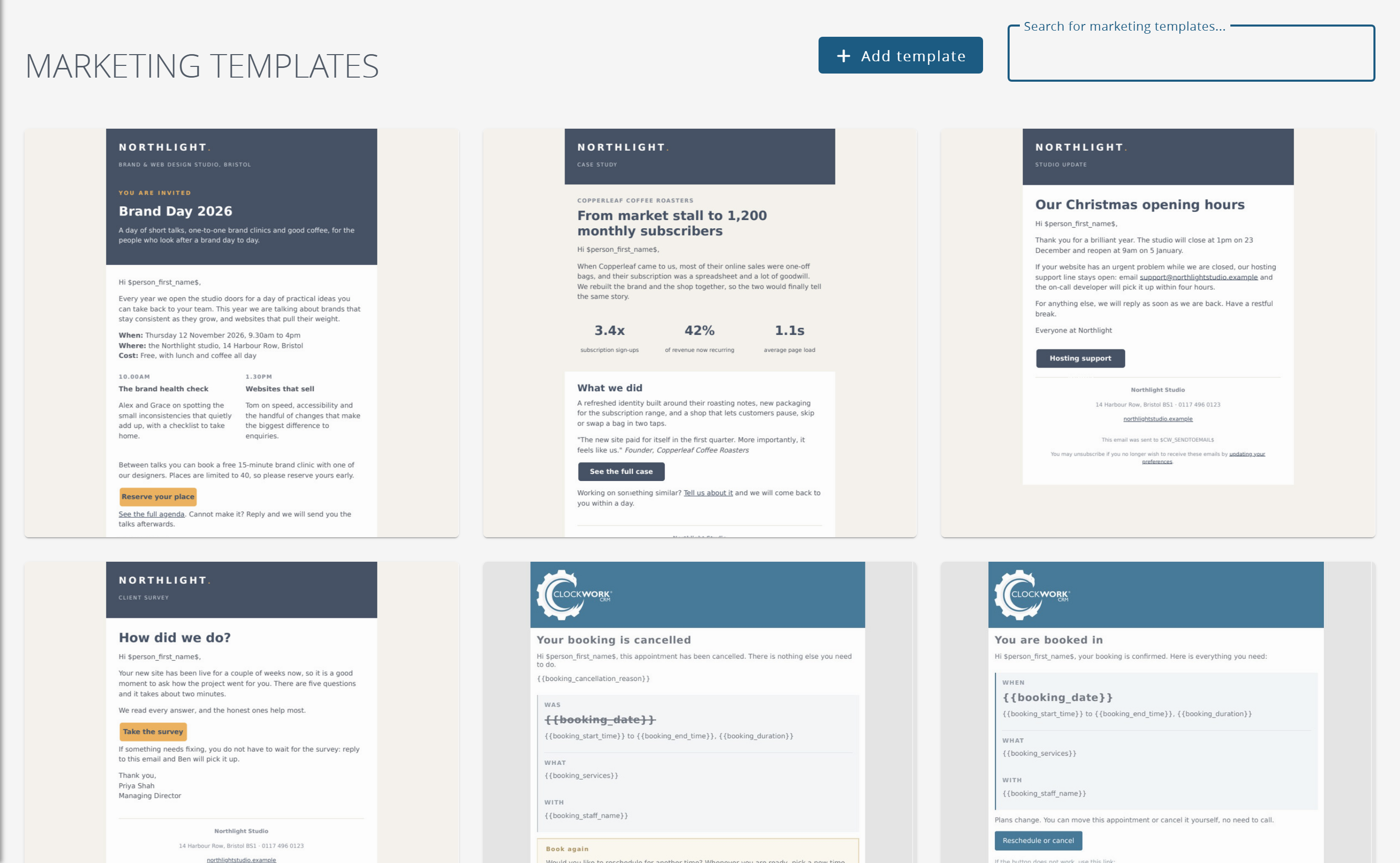 The marketing template gallery, one card per template