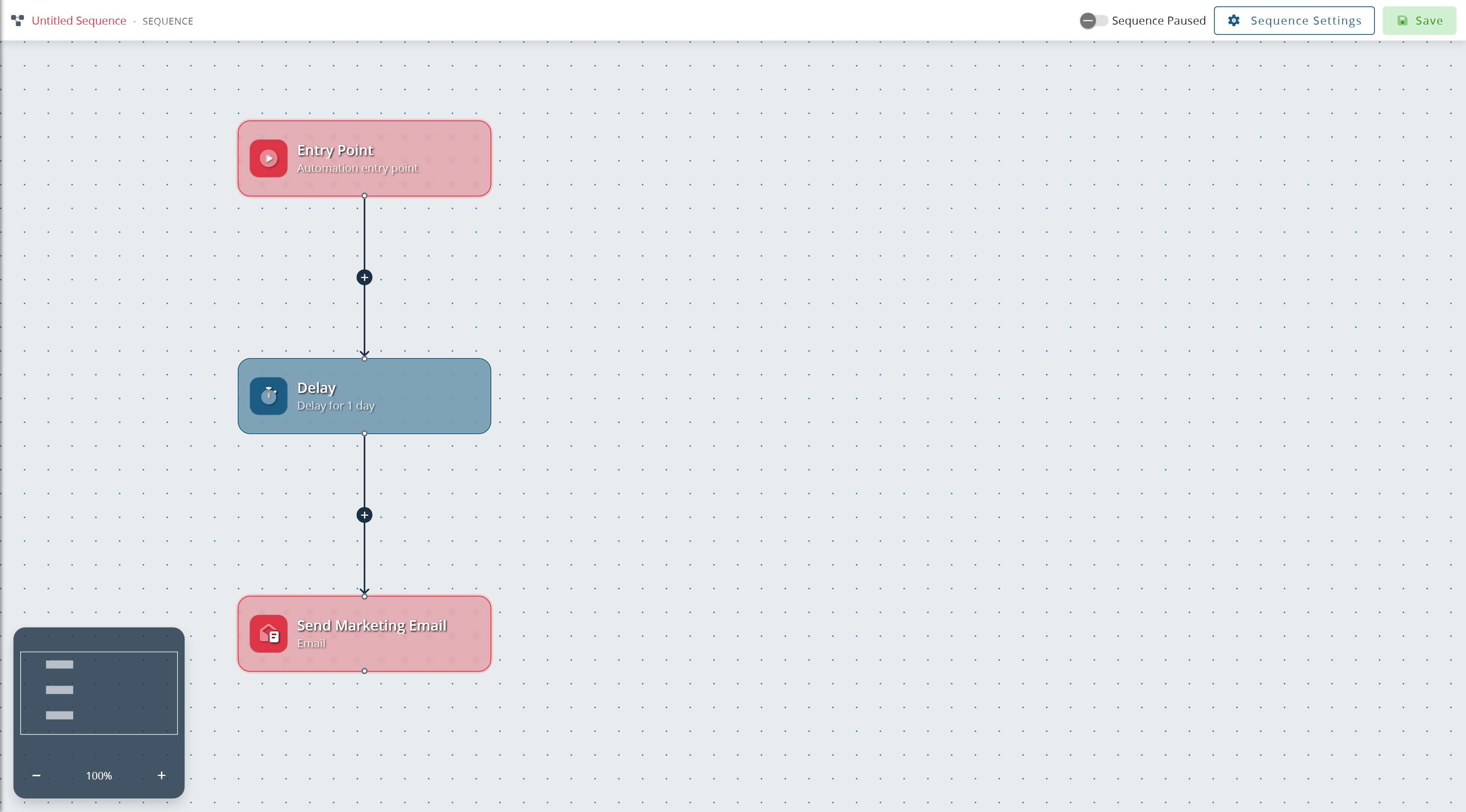 The sequence builder on a new sequence: entry point, a one day delay and an email stage