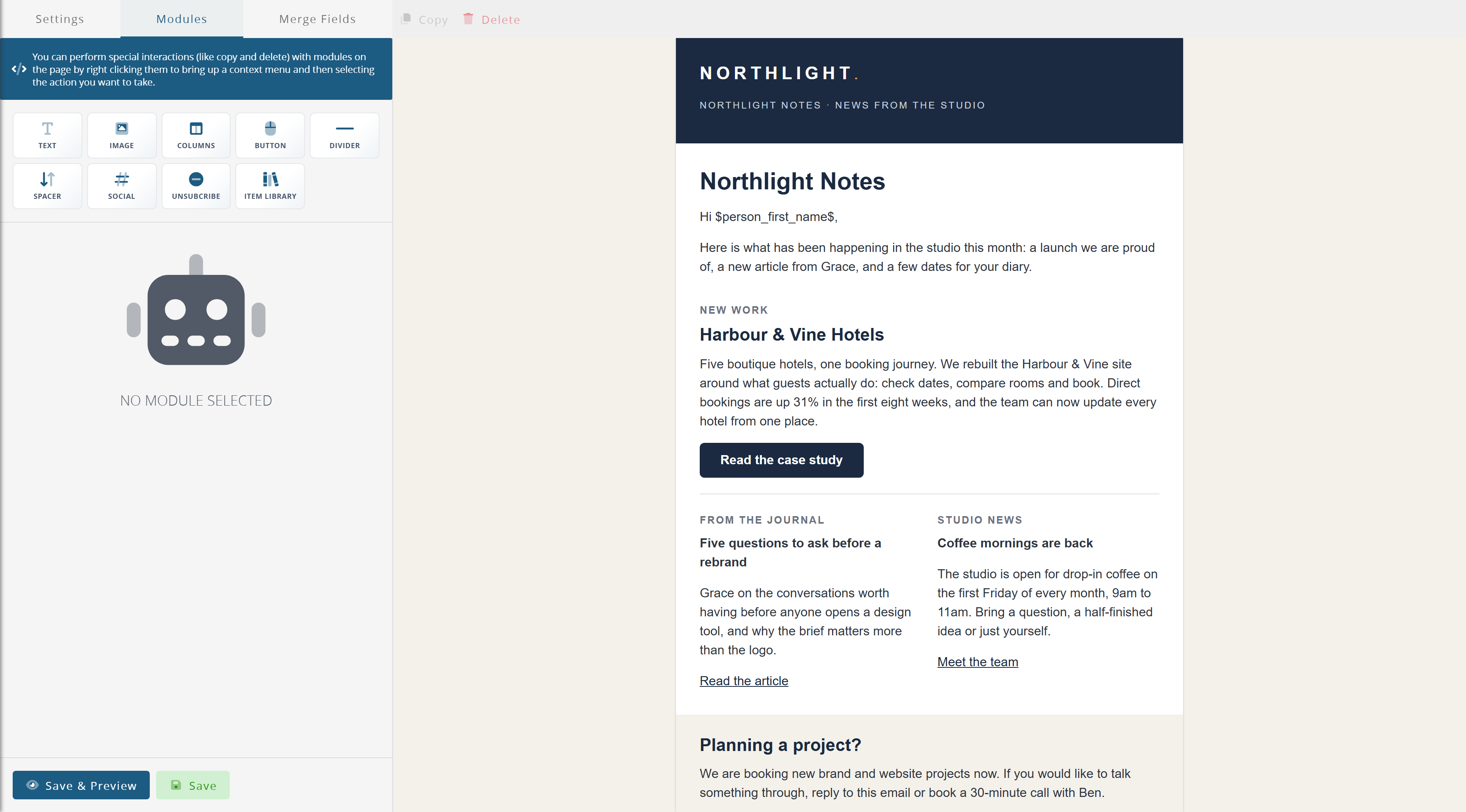 The Modules tab, showing the blocks an email can be built from