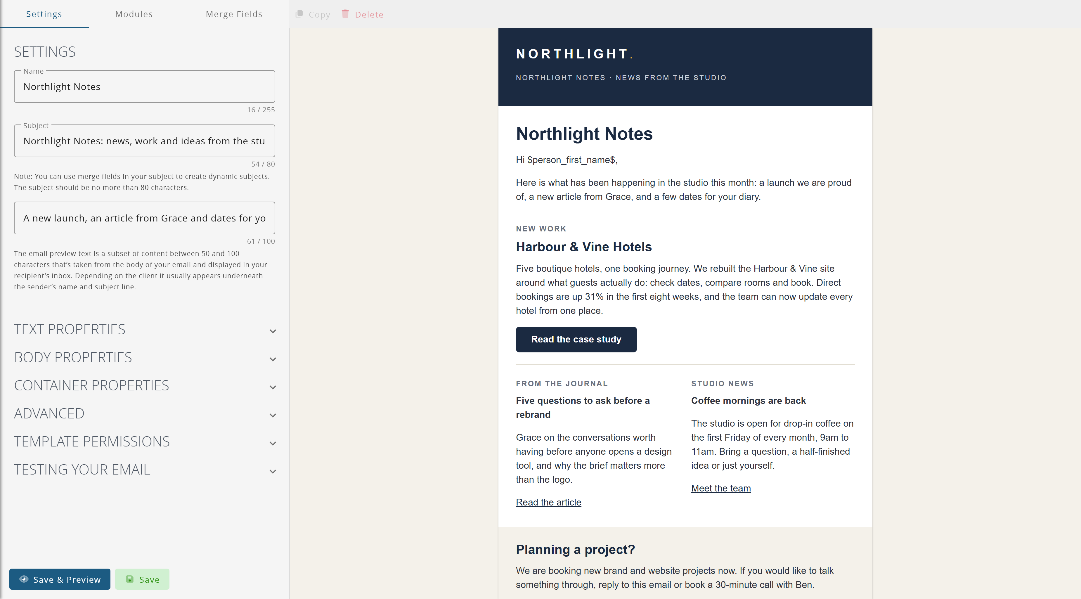 The marketing template editor: settings on the left, the email being built on the right