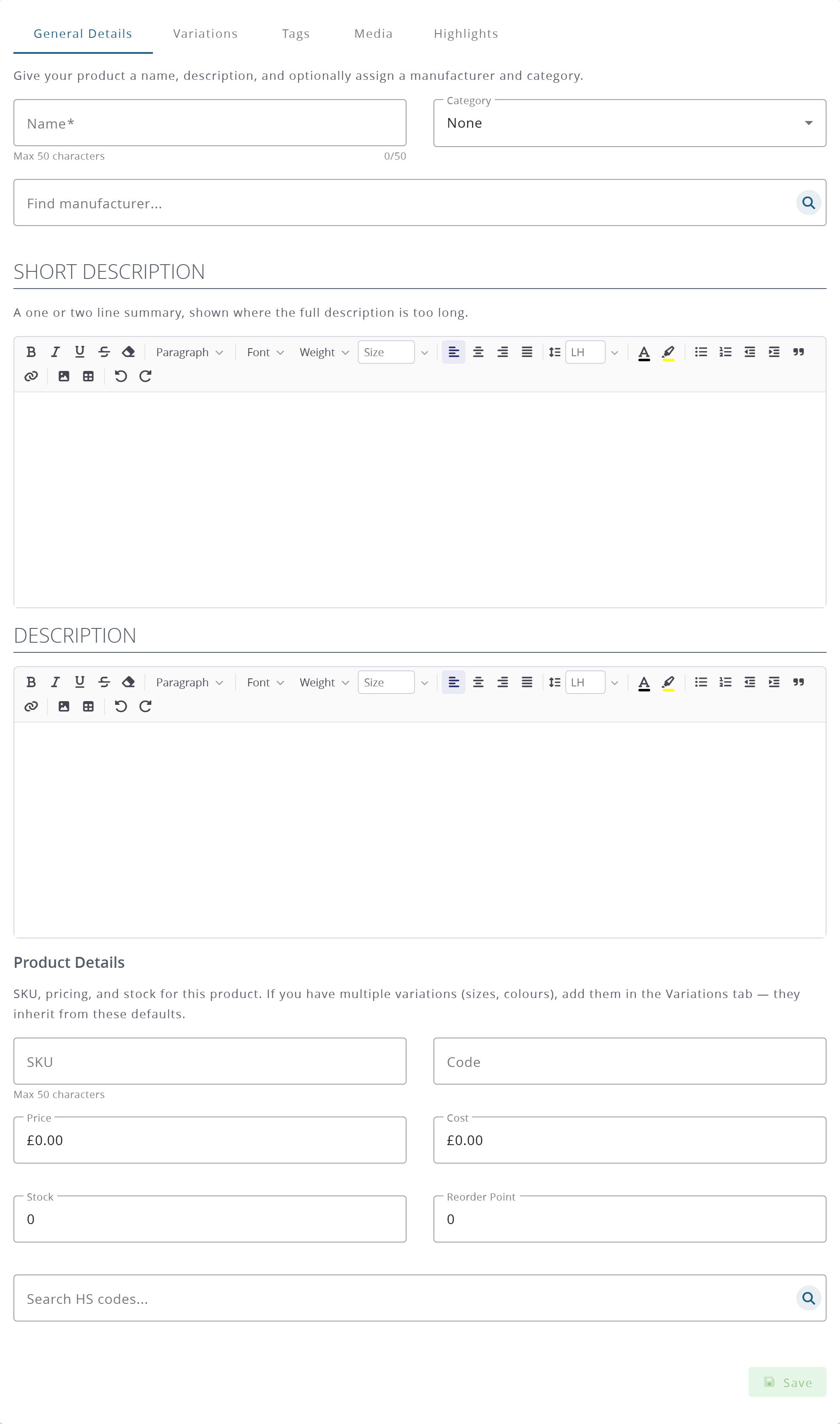 The Add Product form, on its General Details tab