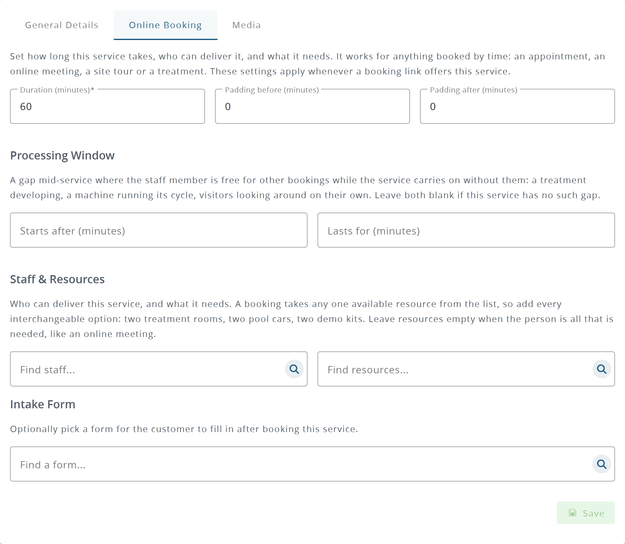 The Online Booking tab of a service