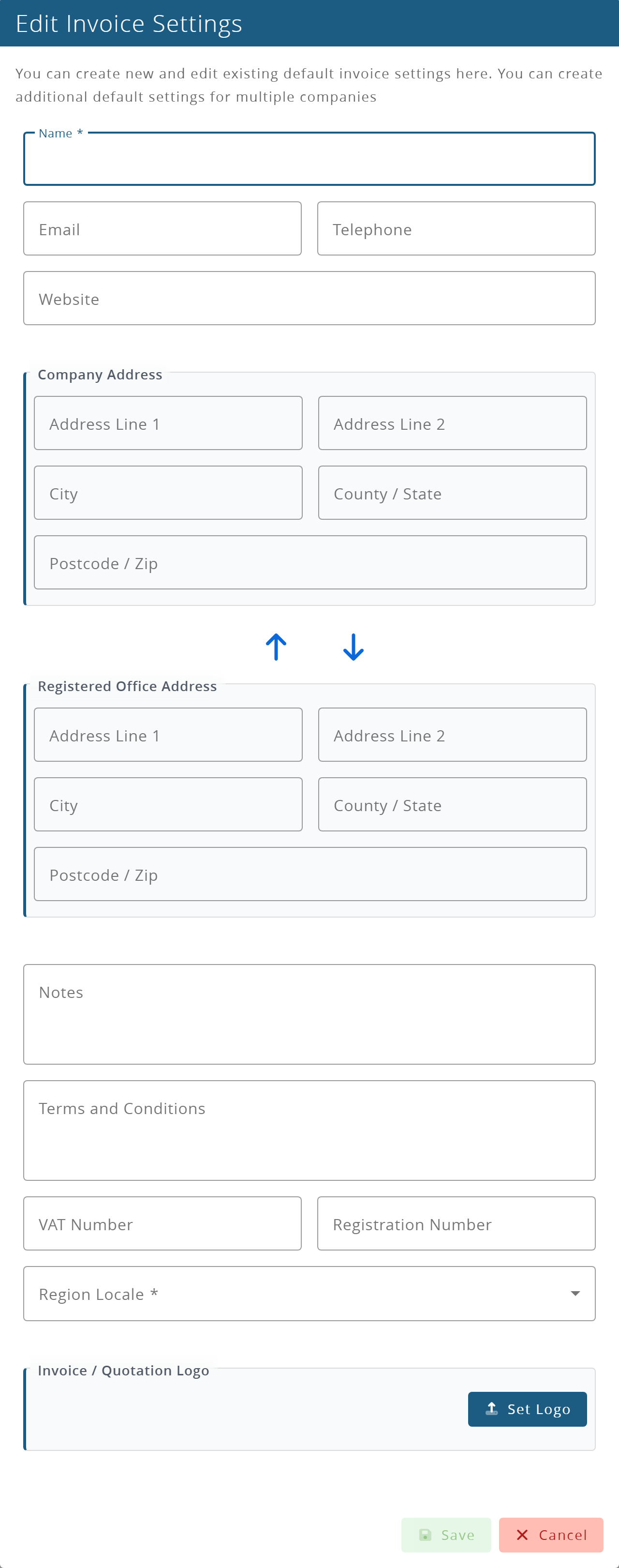 The invoice and quotation settings form