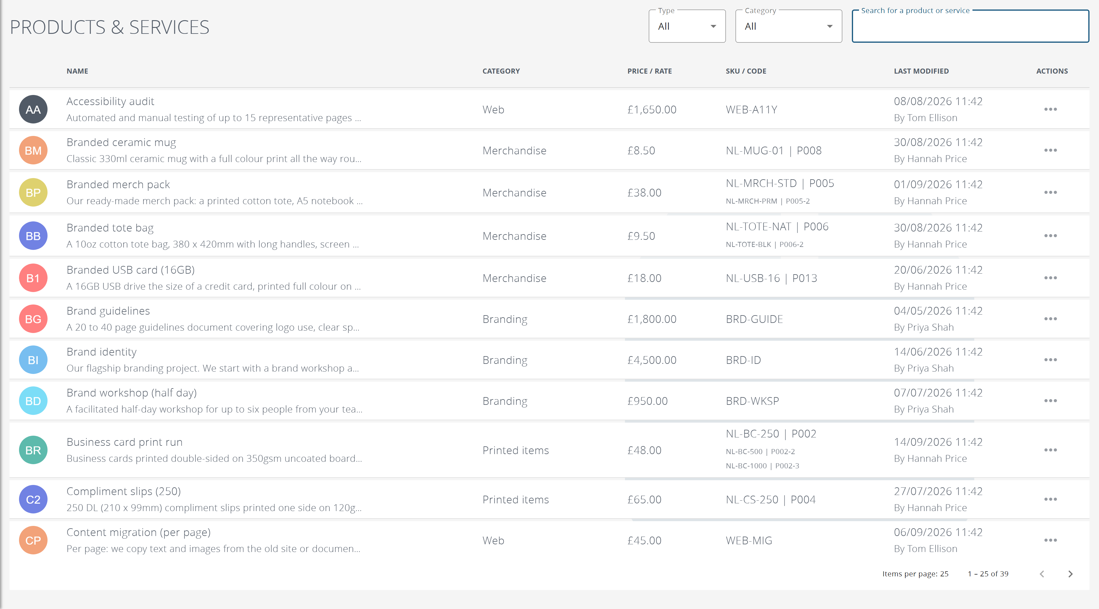 The product and service list, with category, price, code and when each was last changed