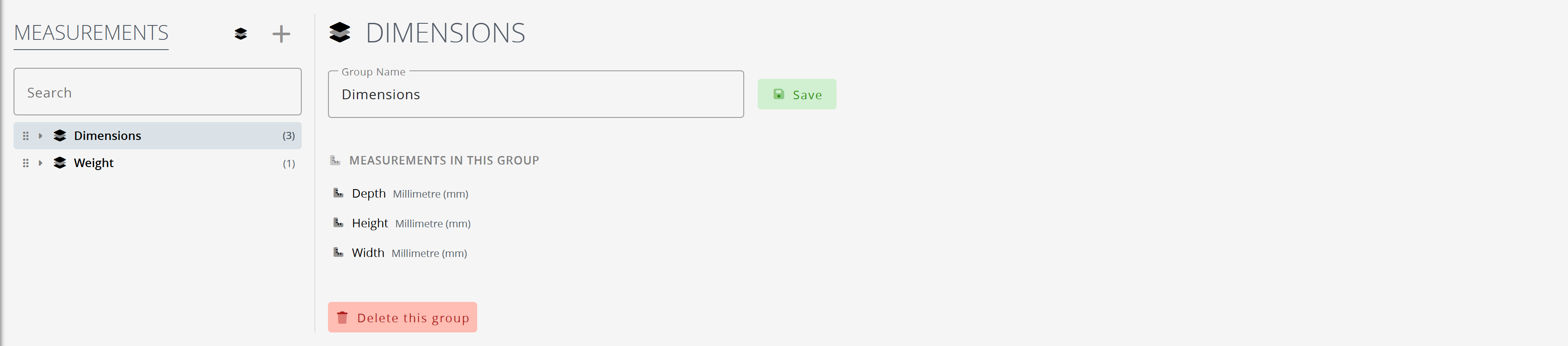 A measurement group and the measurements in it