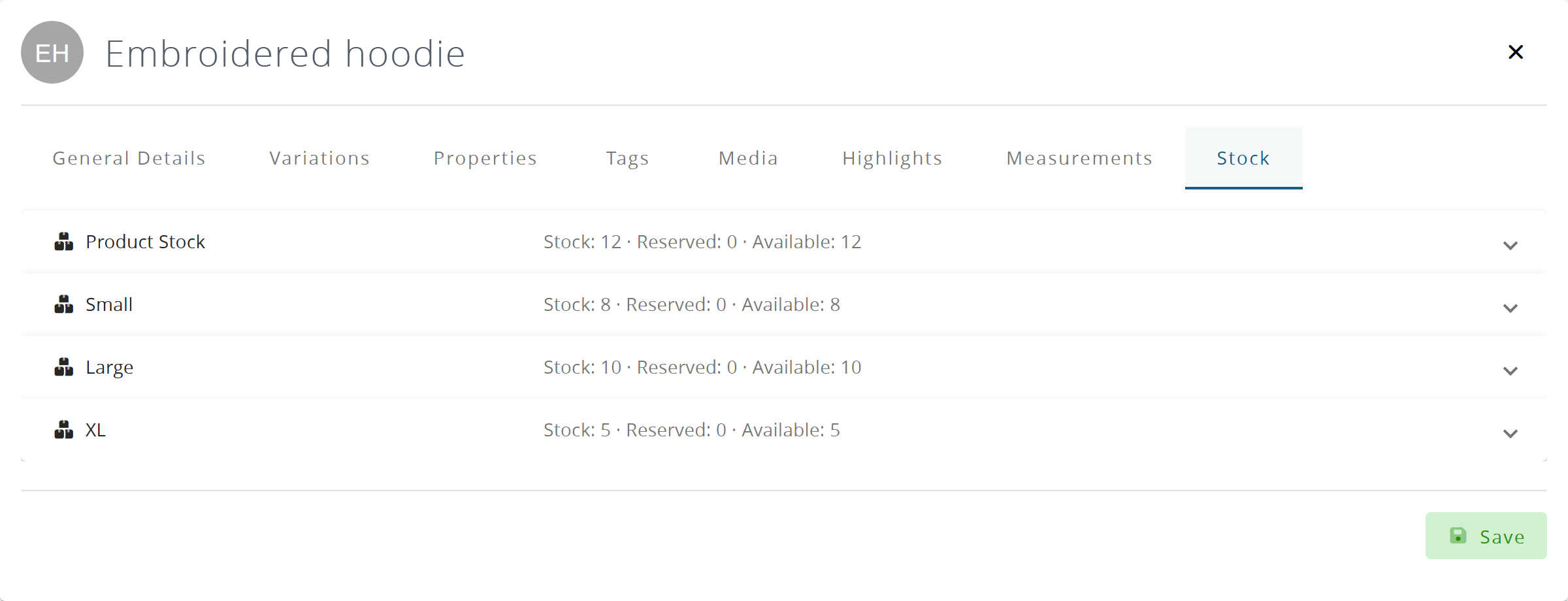 The Stock tab of a product with variations: actual, reserved and available stock for each