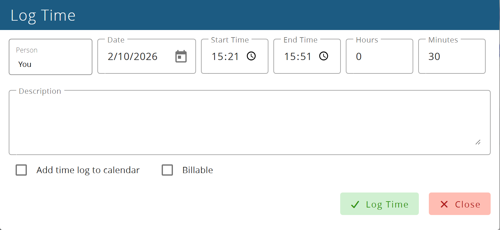 The Log Time form