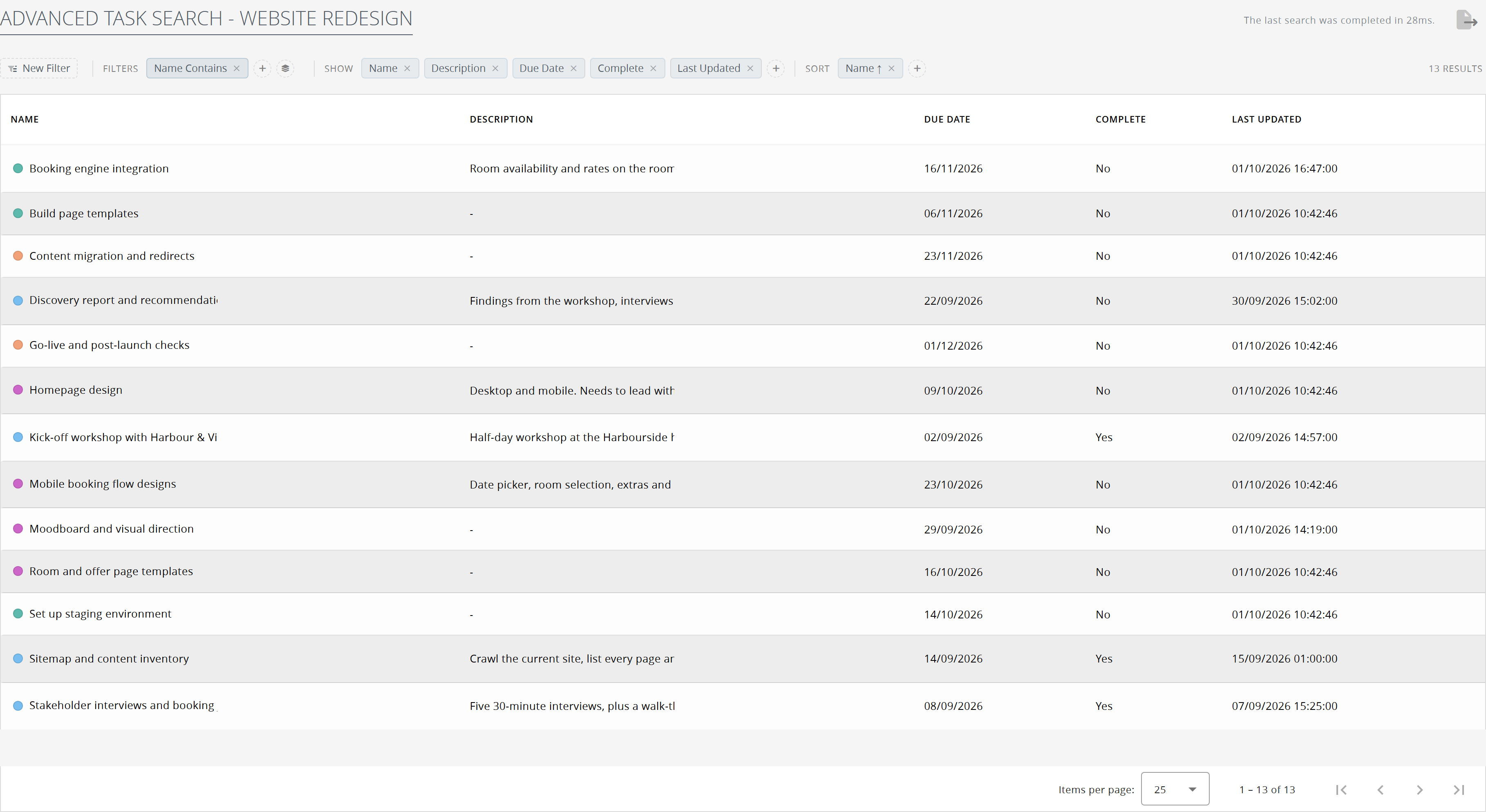The task search inside a project