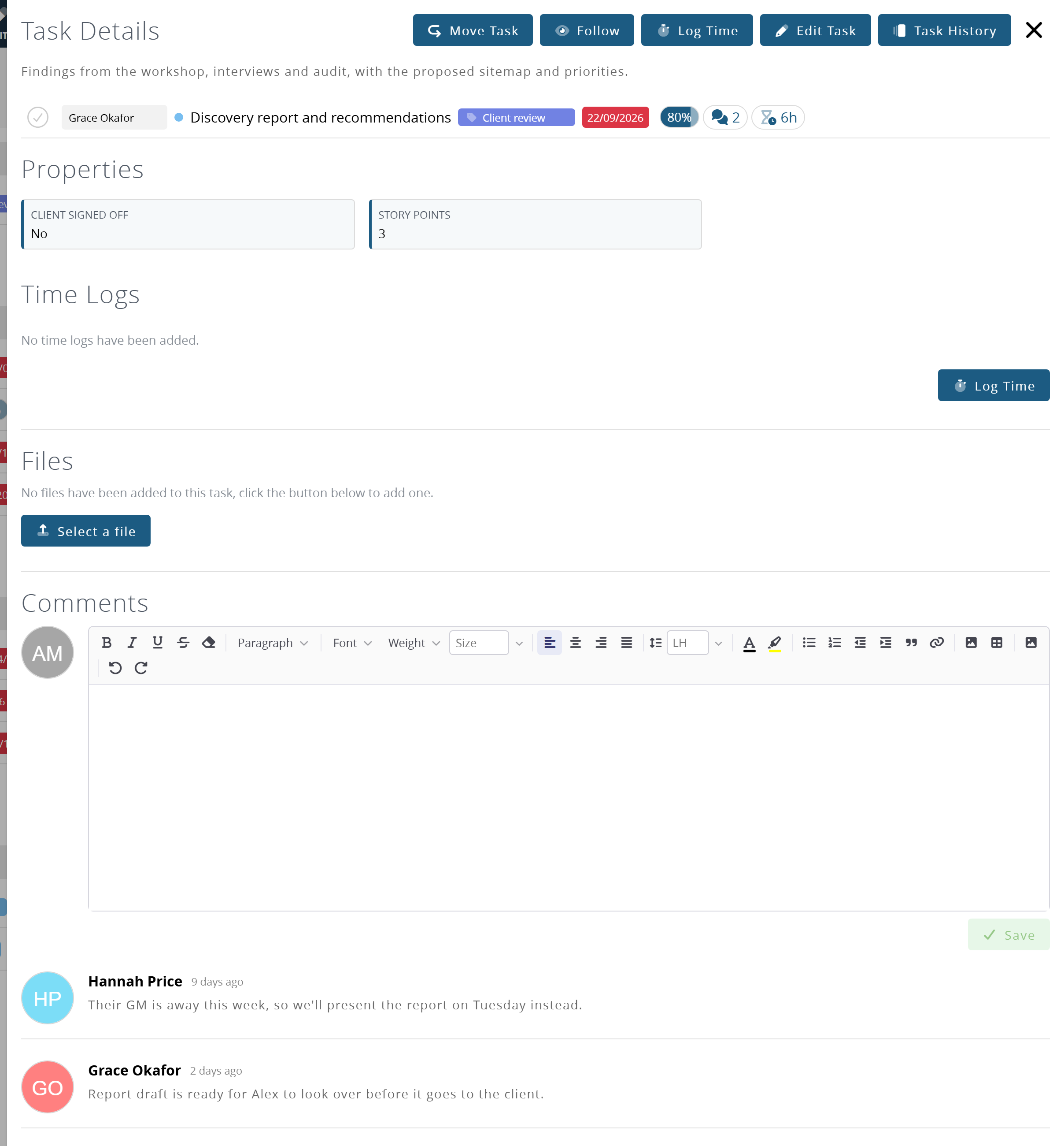 A task's details: its properties, time logs, files and comments