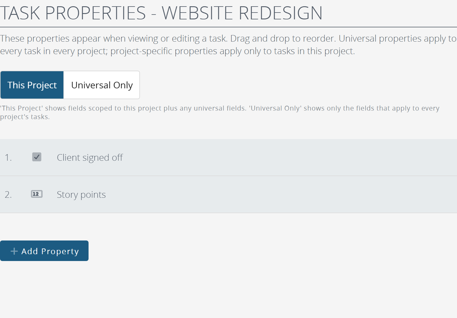 A project's task properties