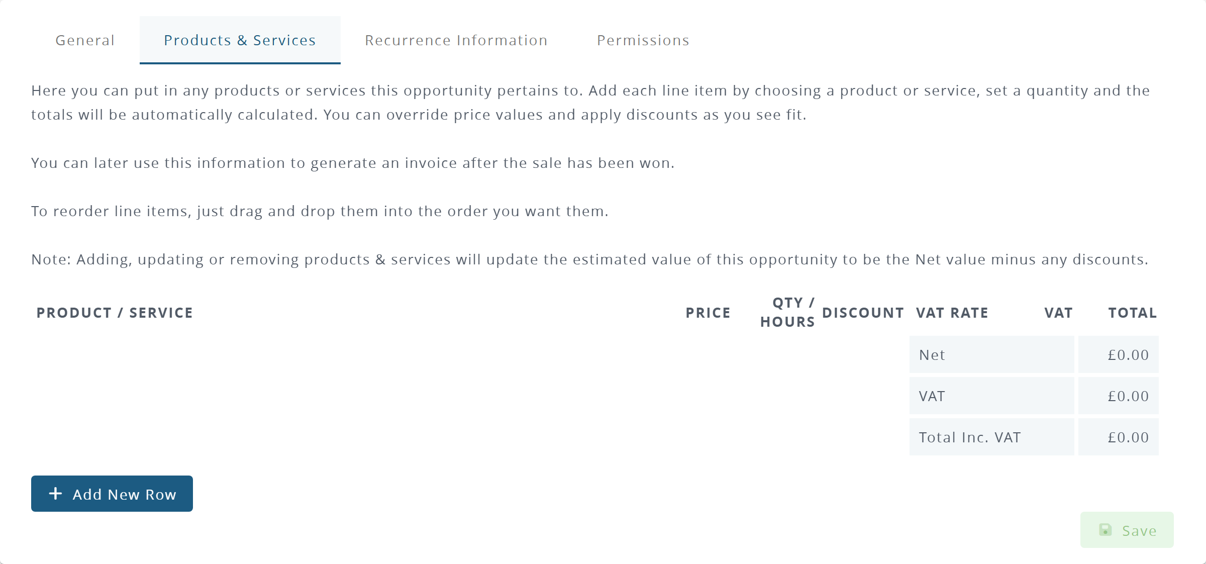 The Products & Services tab of the Add Opportunity form