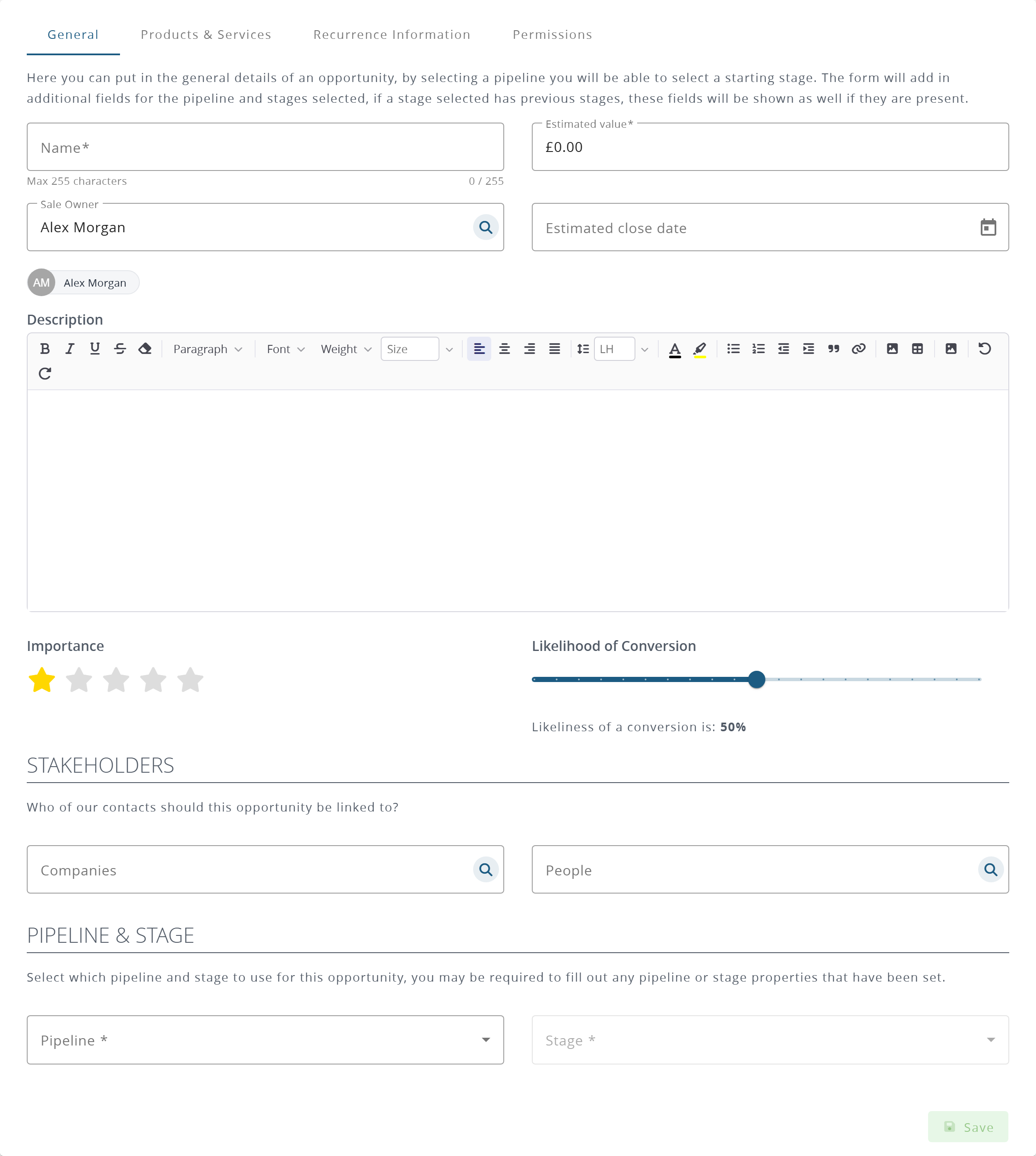 The Add Opportunity form, on its General tab