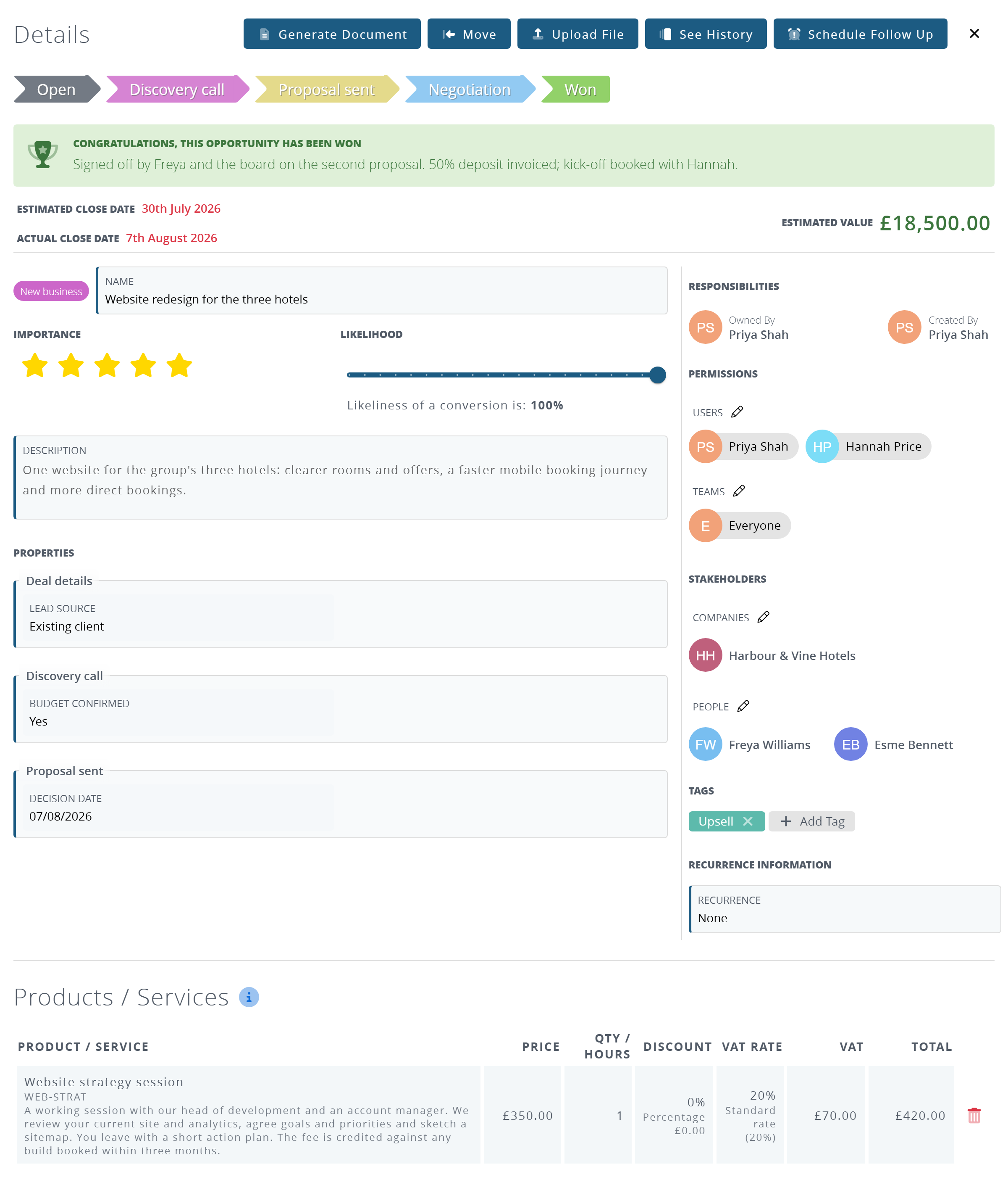 An opportunity record: stage bar, details on the left, responsibilities and stakeholders on the right, products and services below