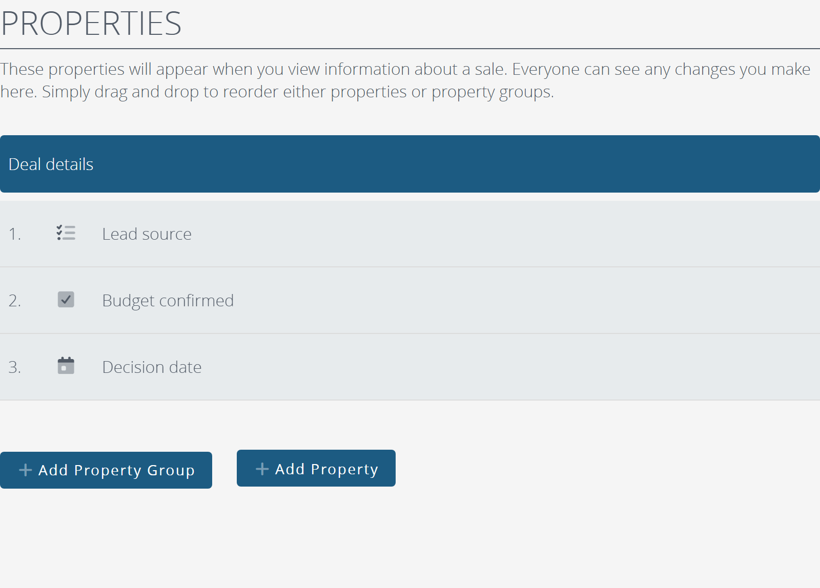 The opportunity property list, with properties arranged into groups