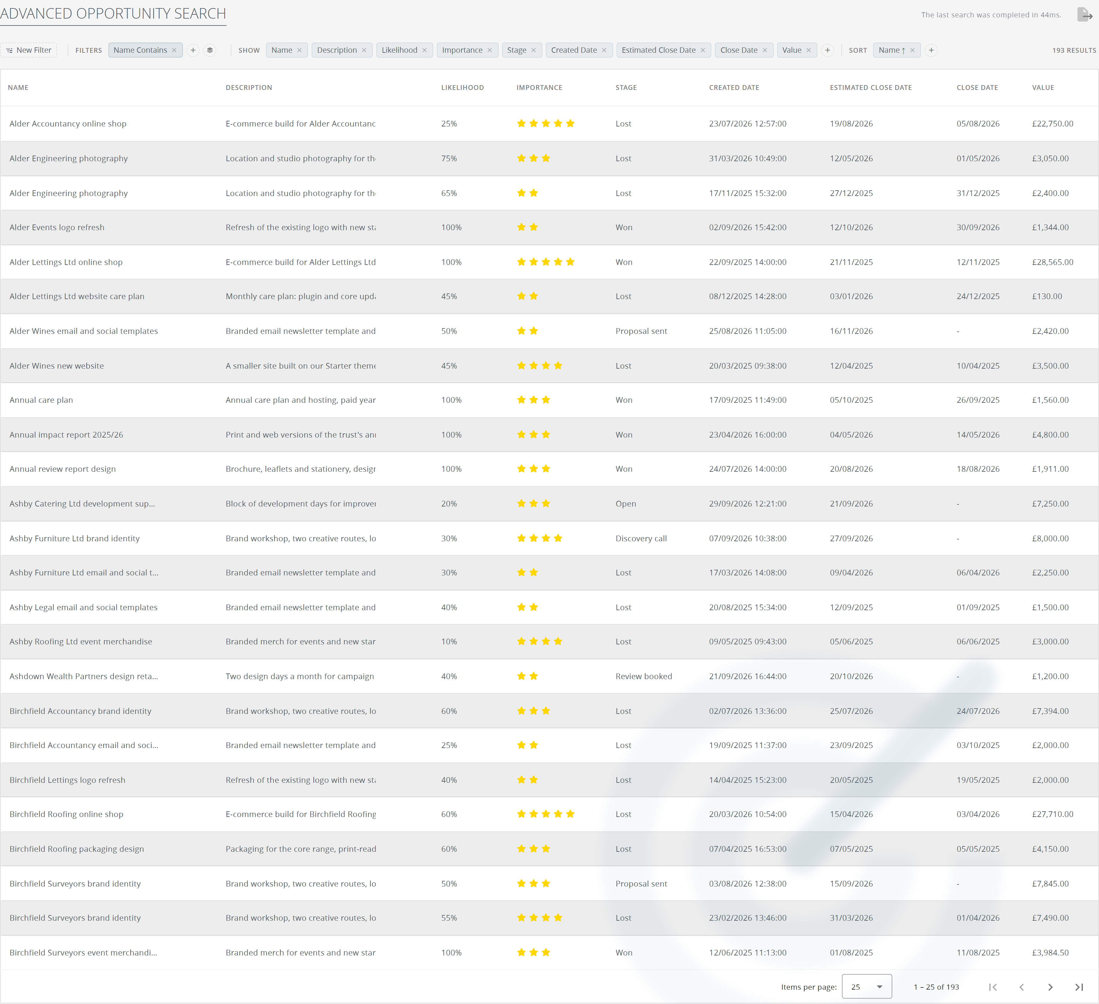 The advanced opportunity search: filters, visible columns and sorting across the top, results below