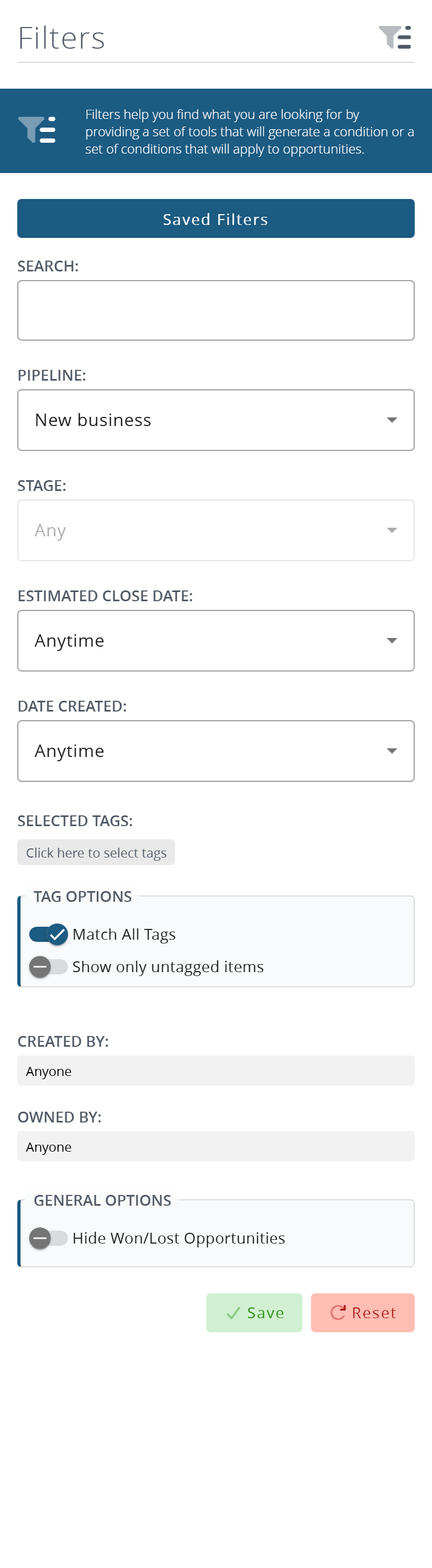 The filters panel