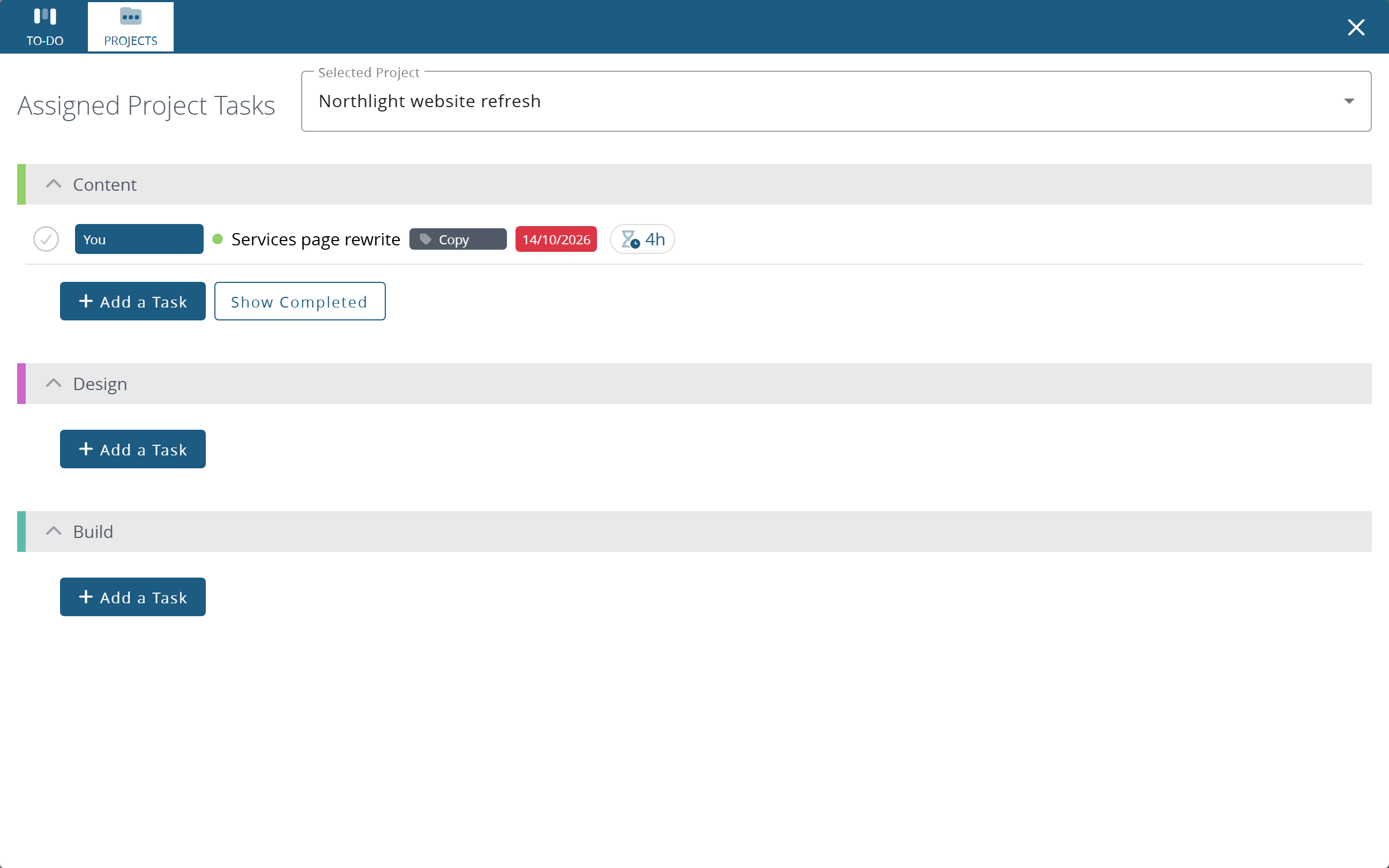 The Projects tab: your tasks in the selected project, grouped by task list