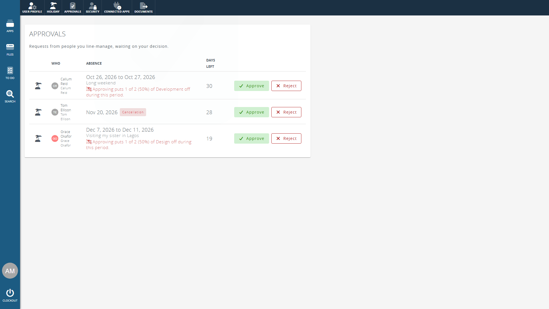 Clockwork CRM holiday approvals with approve and reject buttons