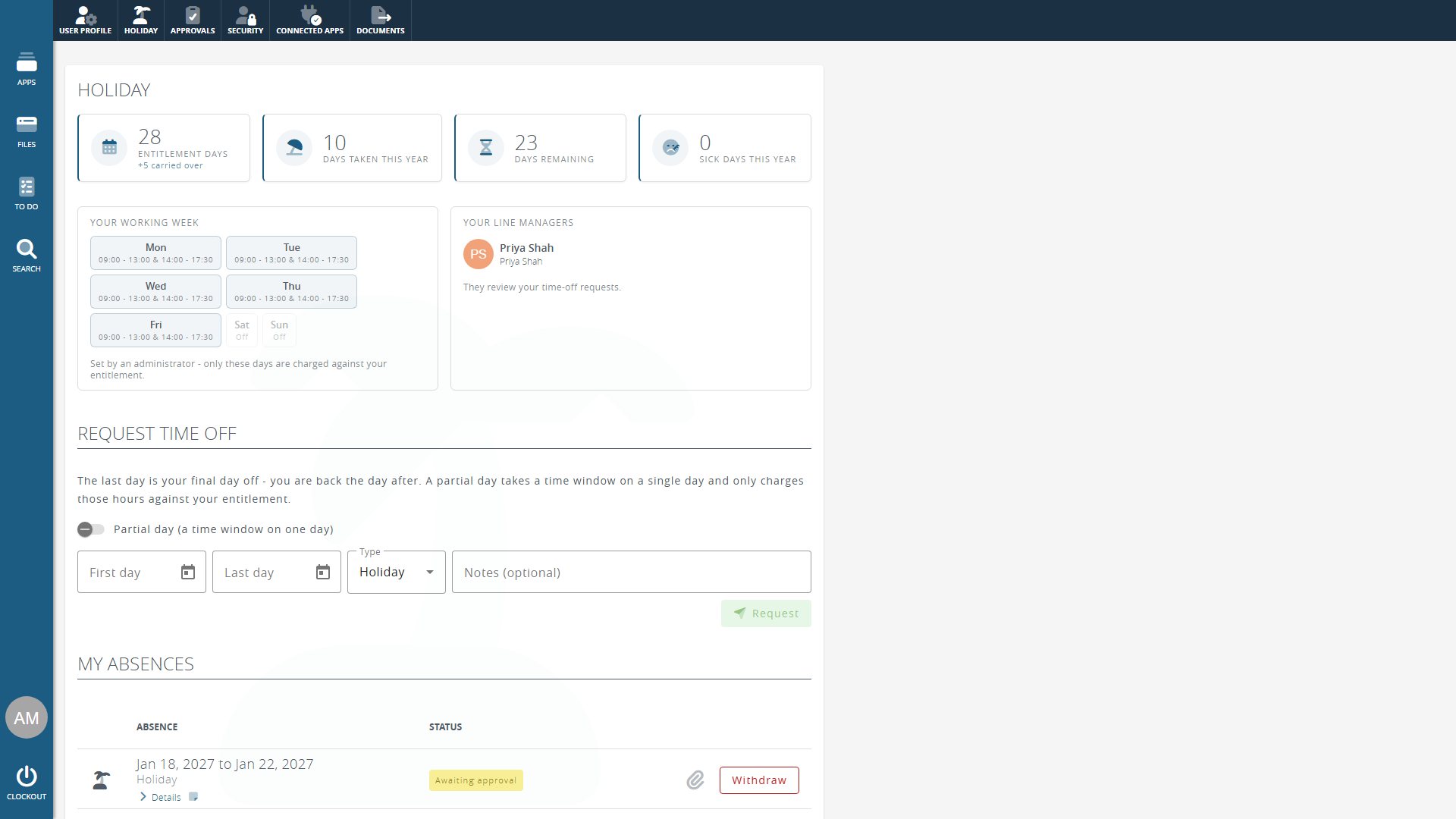 Clockwork CRM holidays and HR