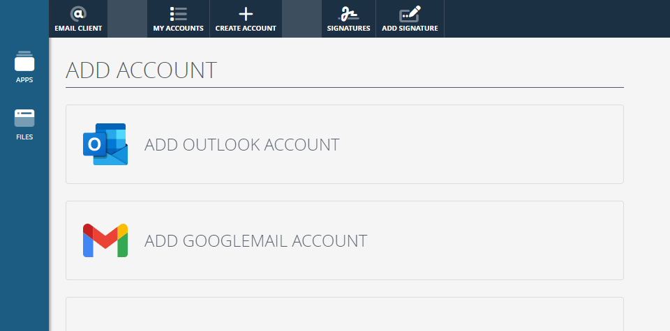 Clockwork CRM screenshot showing the email add account screen.