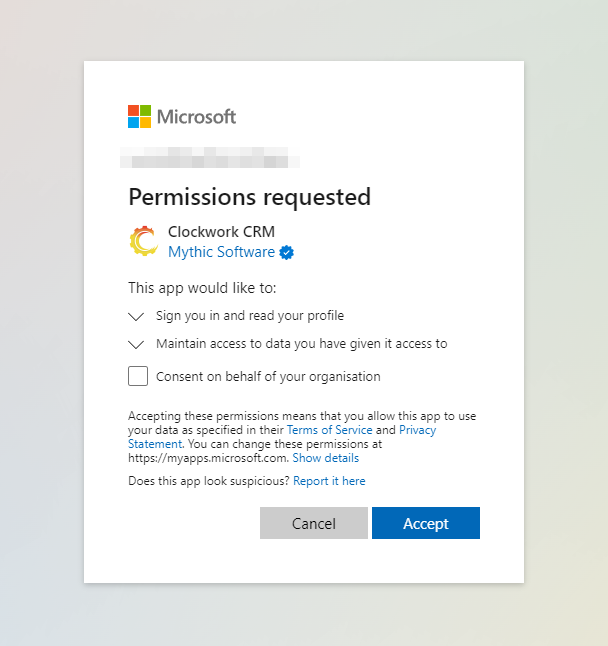 Clockwork CRM requesting permission to a users Microsoft profile