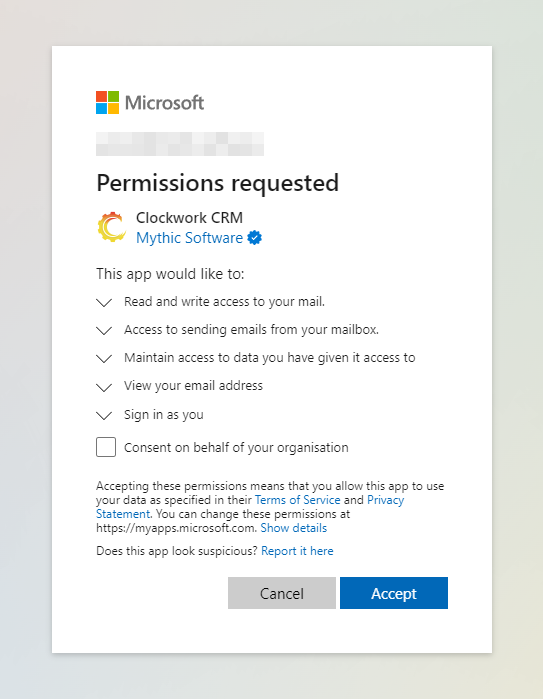 Clockwork CRM requesting permission to a users Outlook account