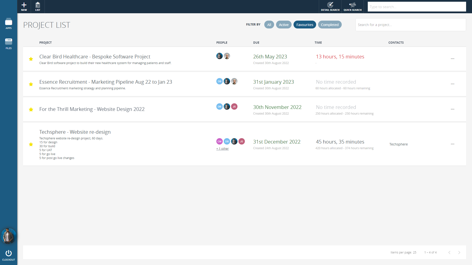 An image of the new project list view