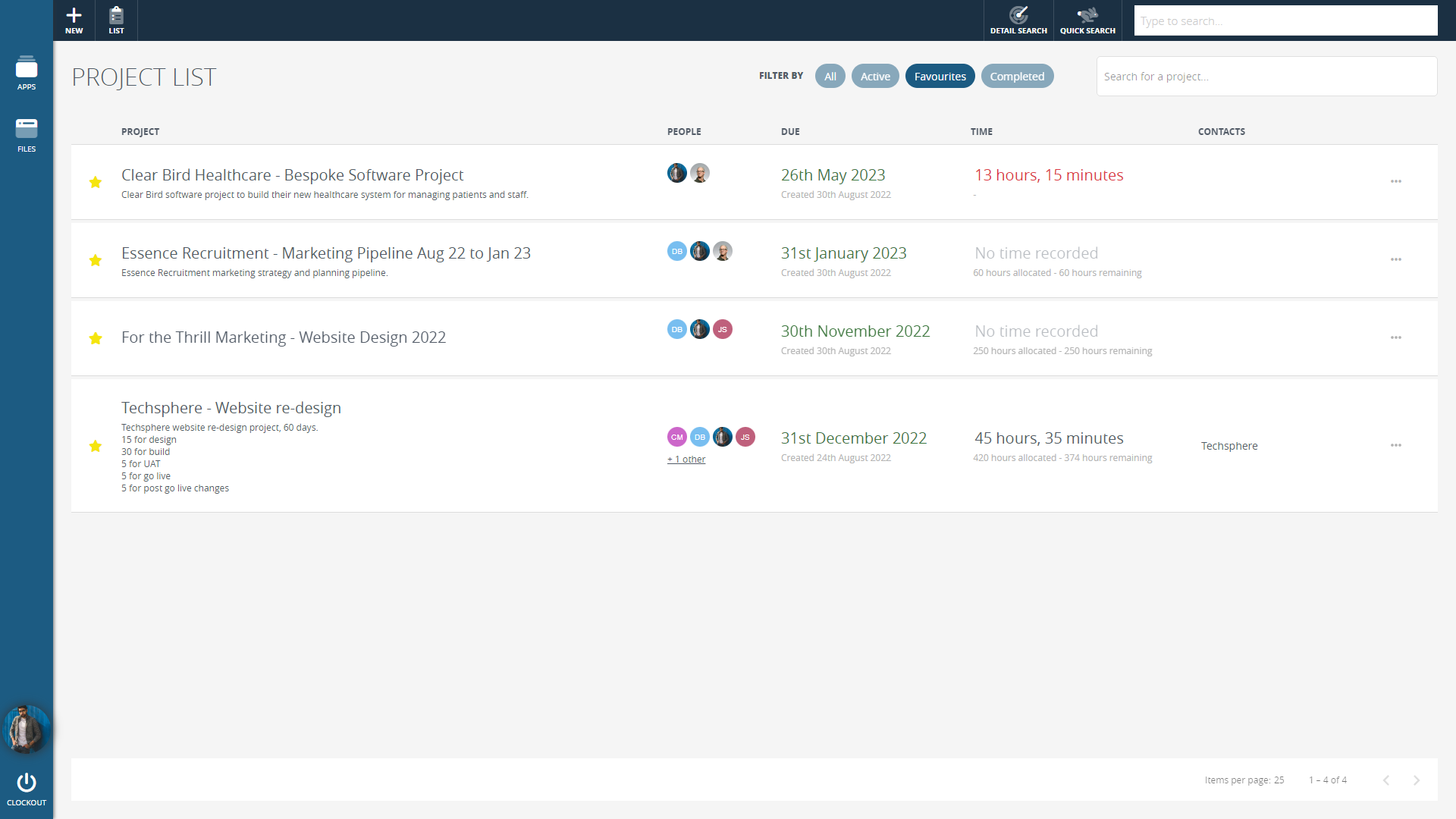 Clockwork CRM screenshot showing the project list