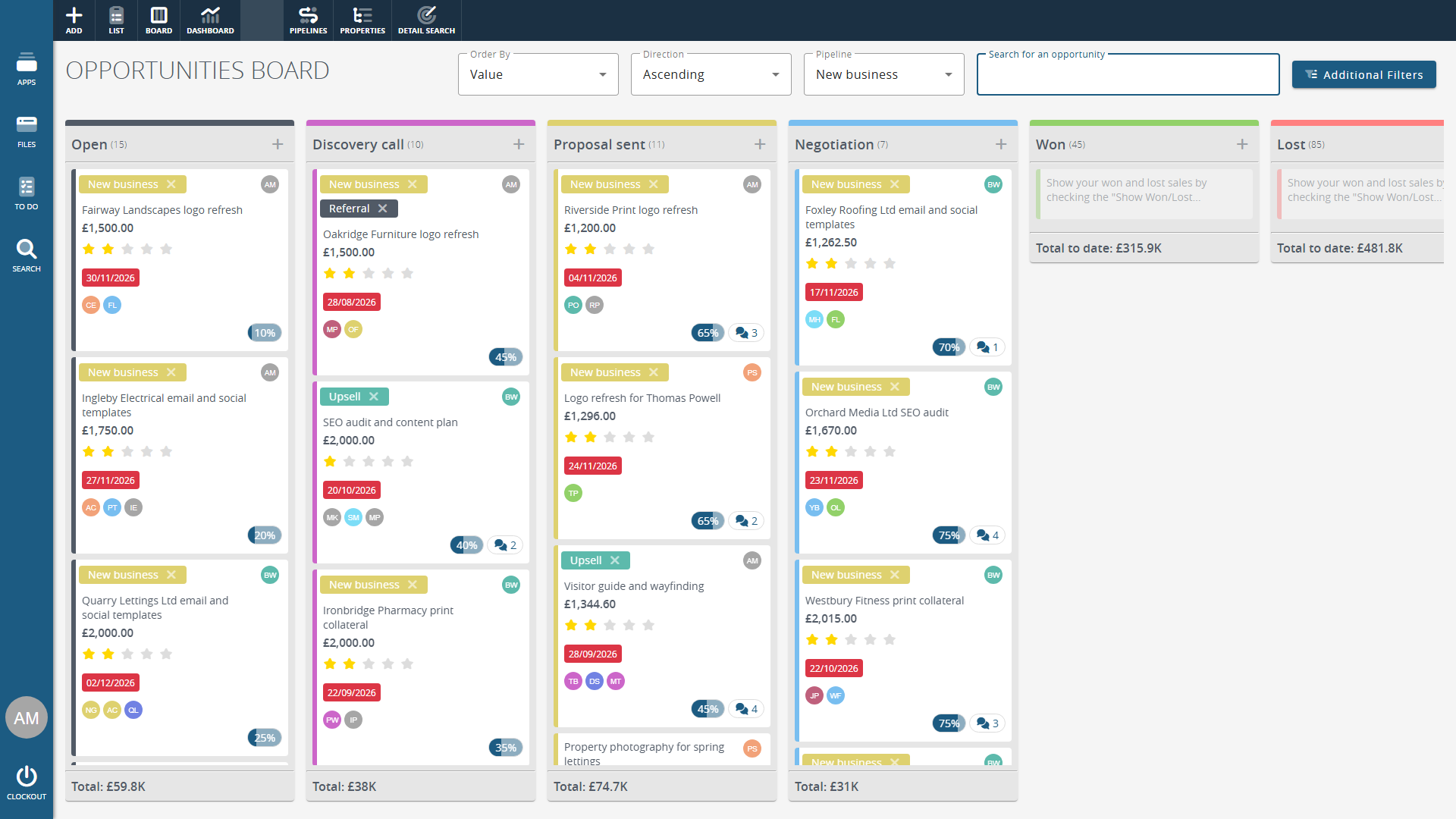 Clockwork CRM sales kanban board with drag and drop