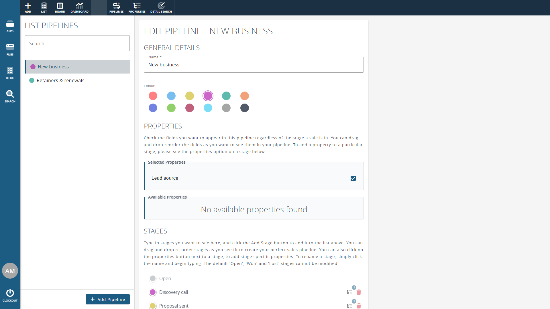Clockwork CRM pipeline configuration with custom stages