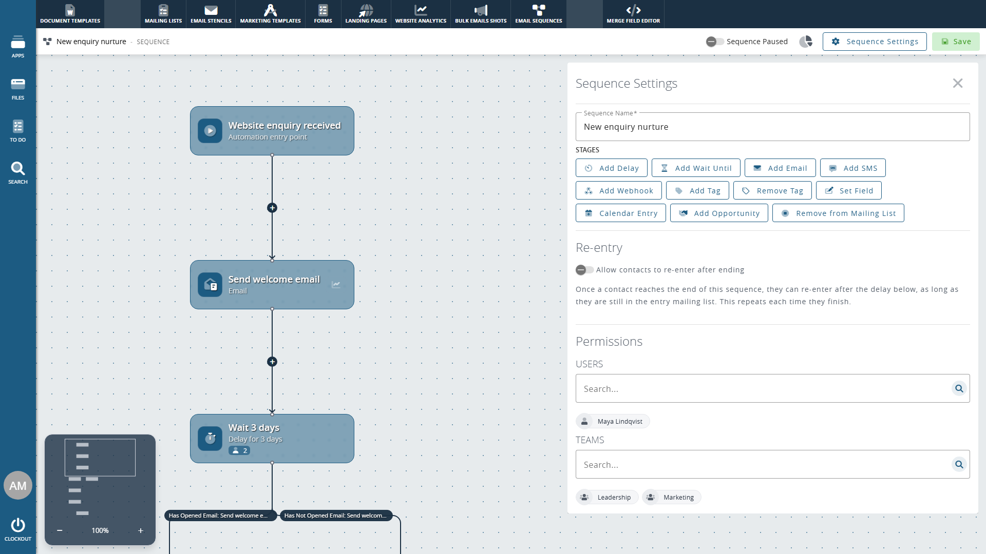 Clockwork CRM visual sequence editor with branching workflows