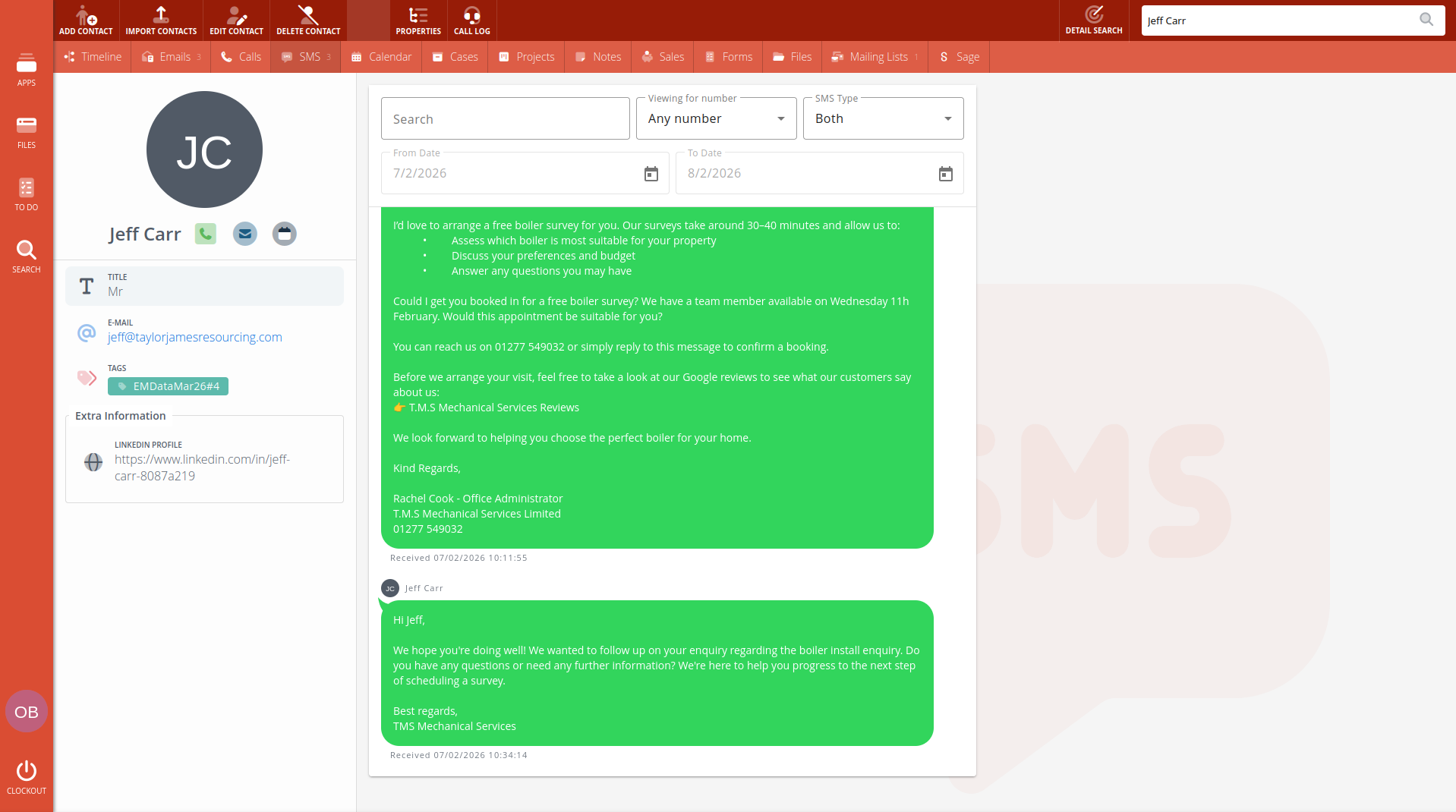 Clockwork CRM SMS messaging from a contact profile