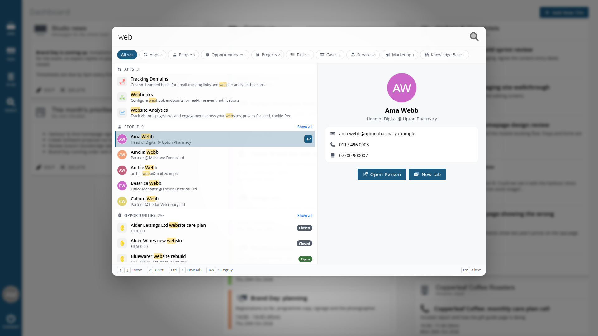 Screenshot of Clockwork CRM showing the spotlight search feature