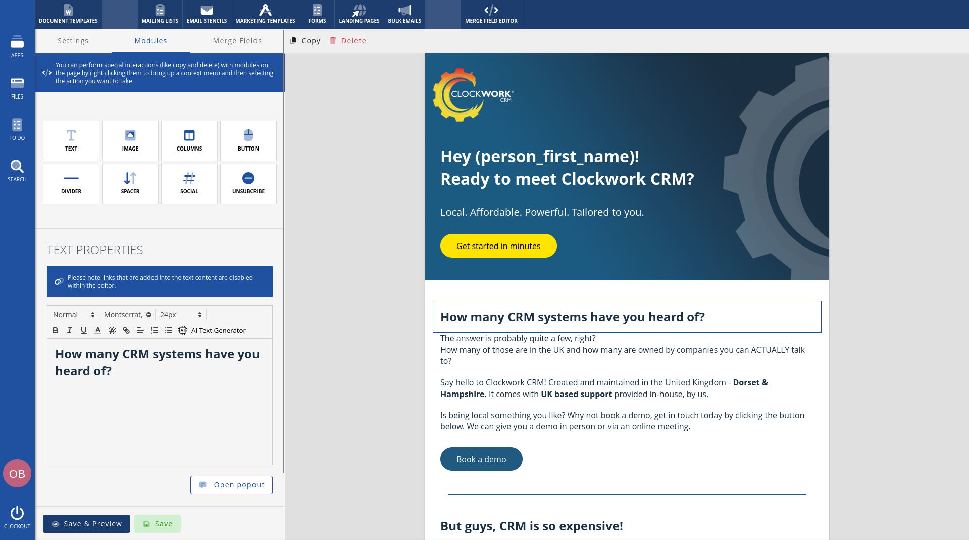 Clockwork CRM drag-and-drop email template editor