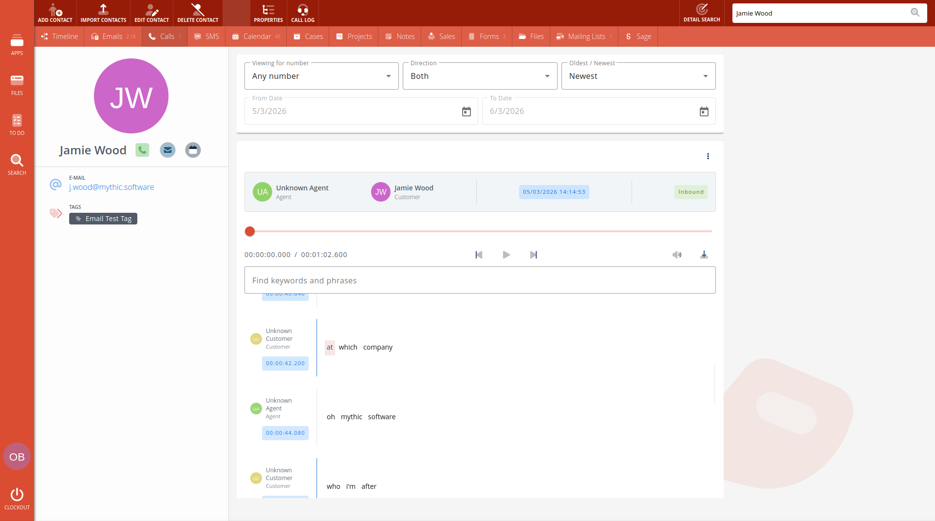 Clockwork CRM AI call transcription with synchronised playback